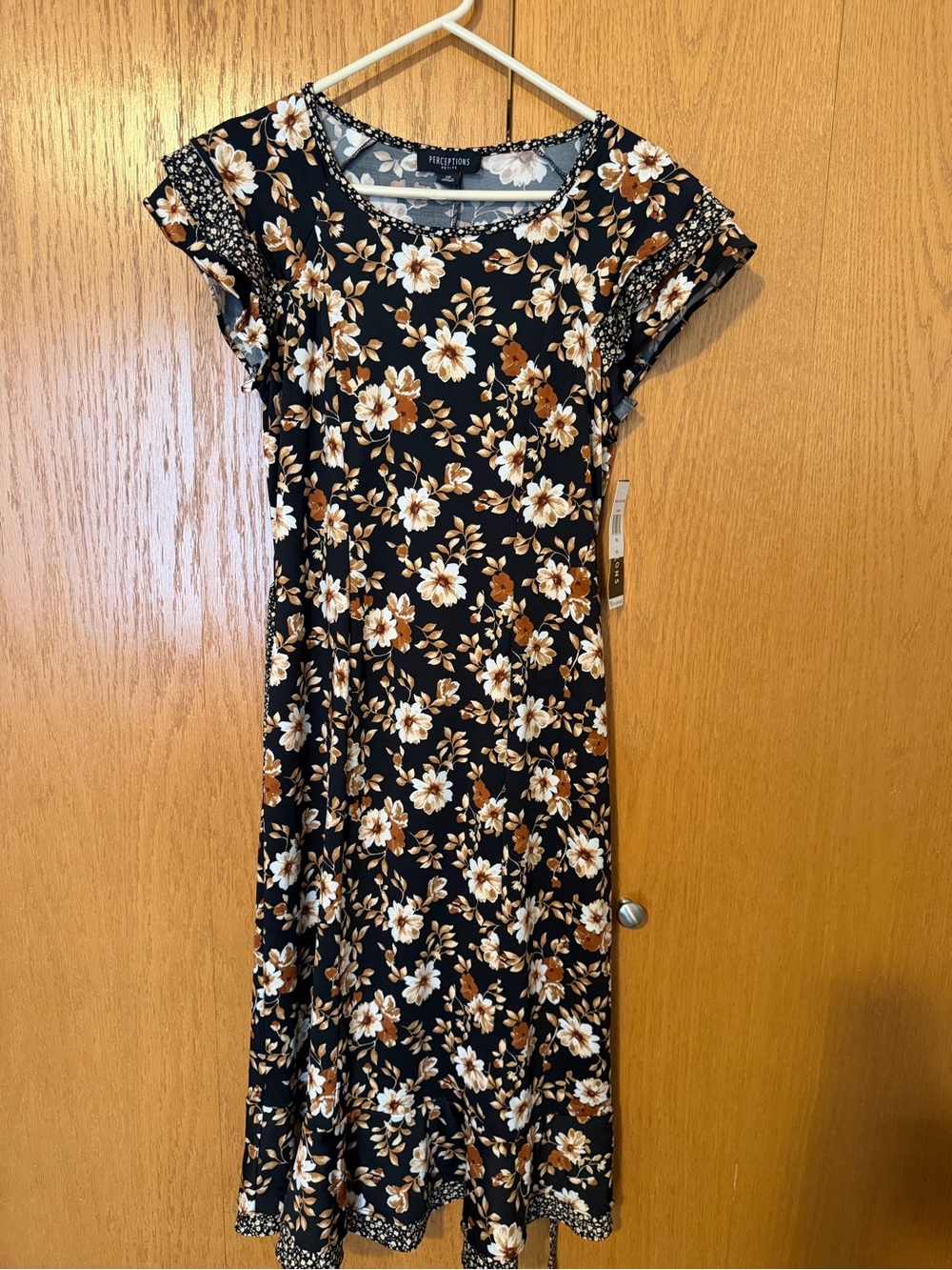 Perceptions Black Midi Dress with Brown and Cream Floral Print